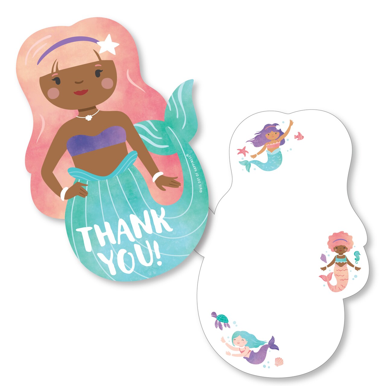 Big Dot of Happiness Mermaid Thank You Cards with Envelopes, Flat Mermaid Birthday Party Blank Thank You Note Cards, Set of 12